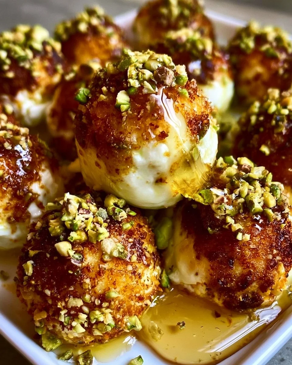 Ricotta pistachio honey bites garnished with nuts and honey on a plate.