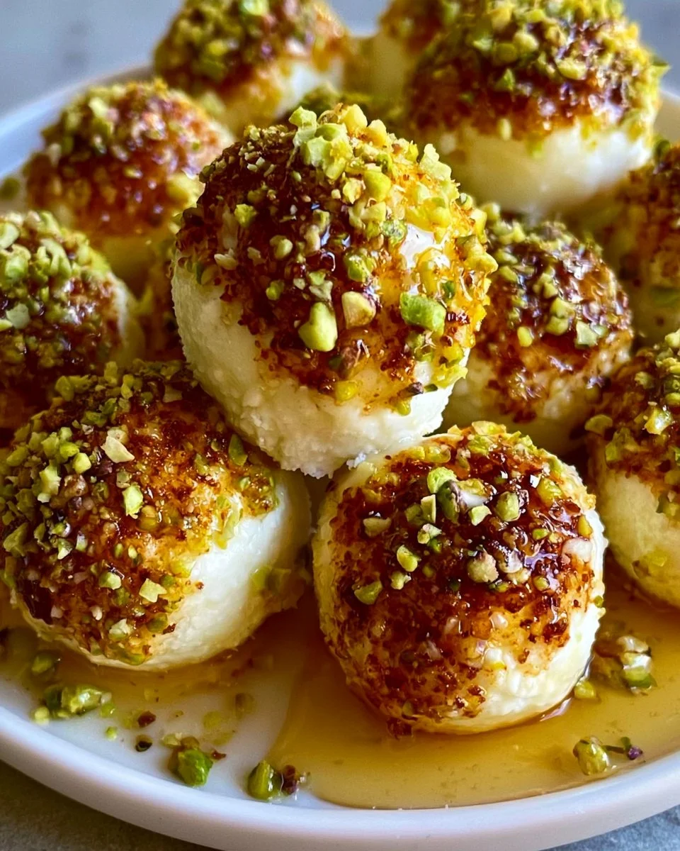 Delicious Ricotta Pistachio Honey Bites with creamy filling and toppings
