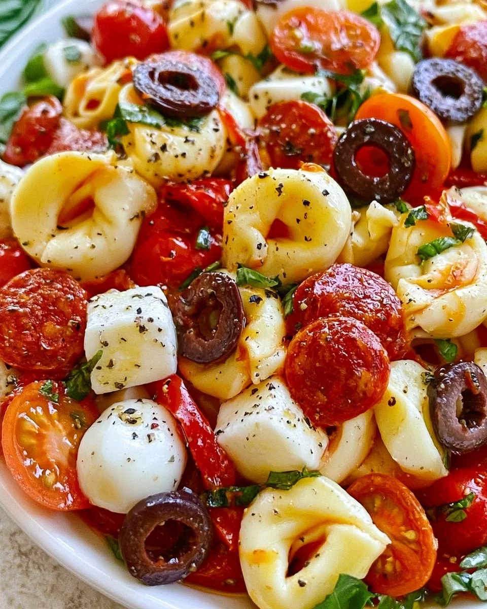 Roasted red pepper and parmesan tortellini salad served in a bowl