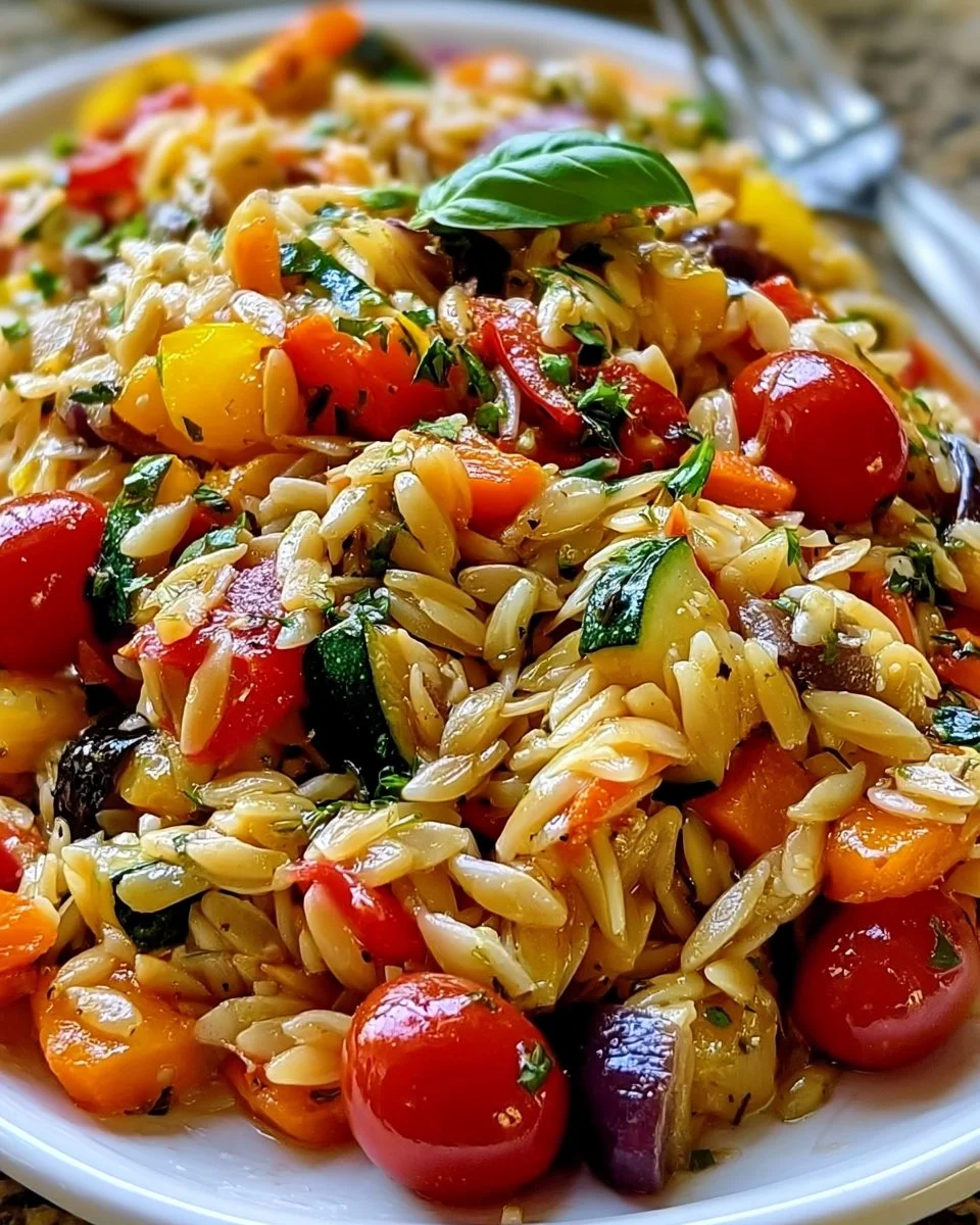 Colorful roasted vegetable orzo with seasonal veggies and herbs in a bowl.