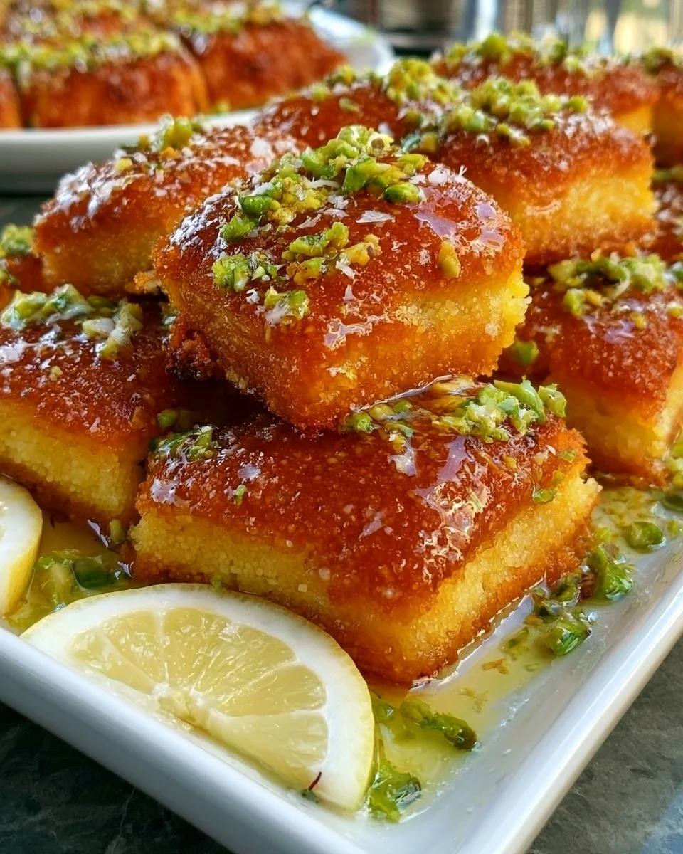Saffron Pistachio Basbousa - a traditional Middle Eastern sweet dessert