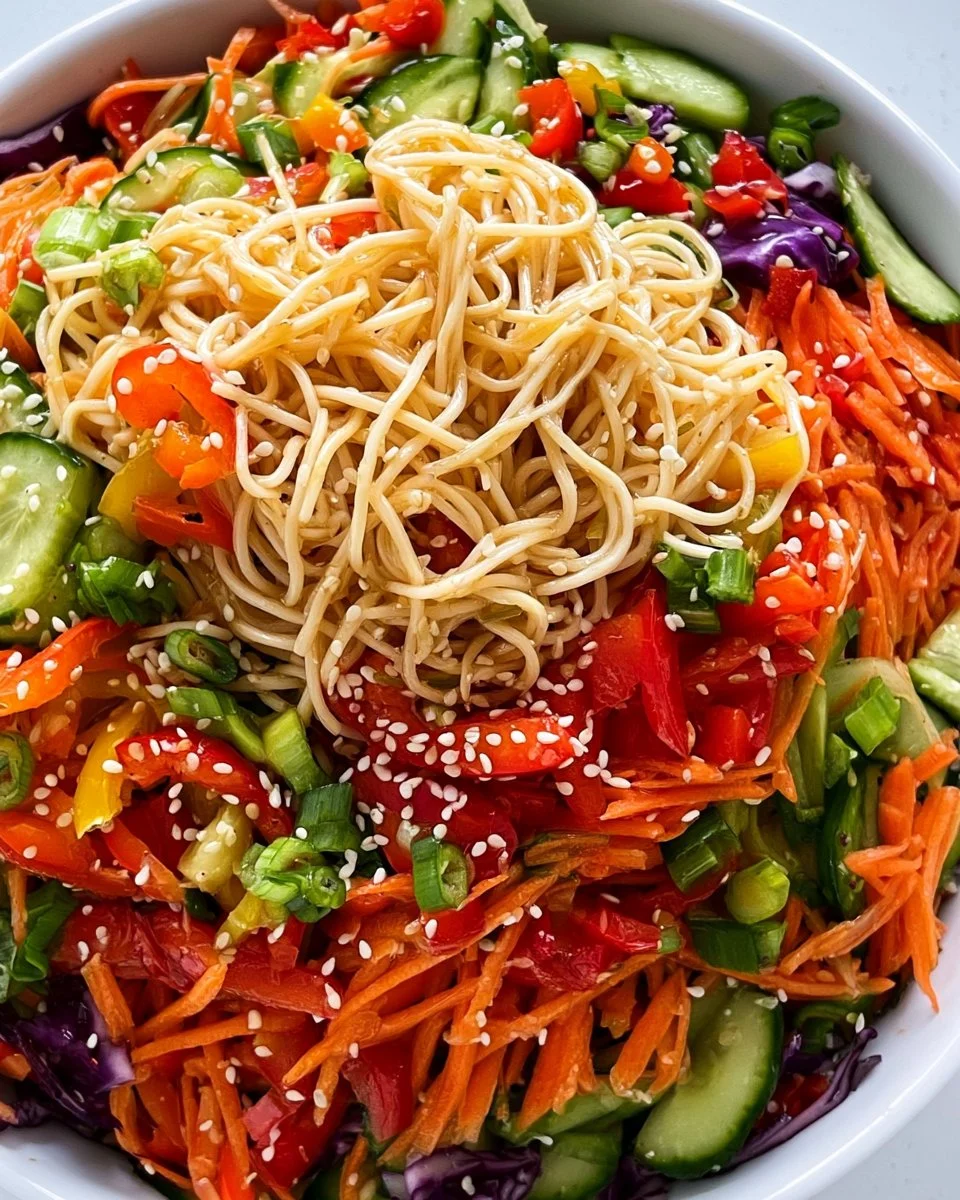Colorful and fresh Sesame Noodle Salad with veggies and sesame dressing