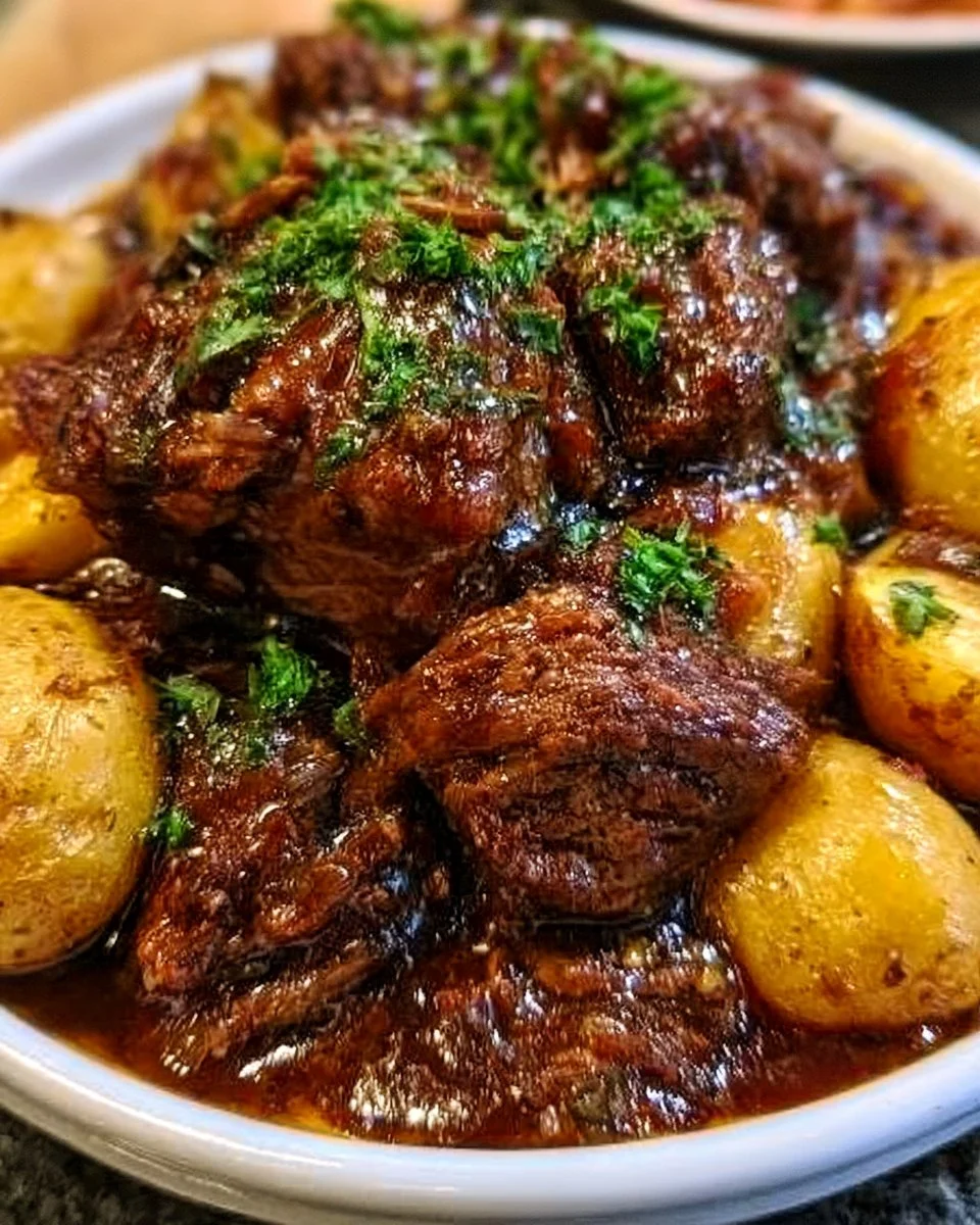 Slow-cooked garlic butter beef with Yukon Gold potatoes served in a rustic dish