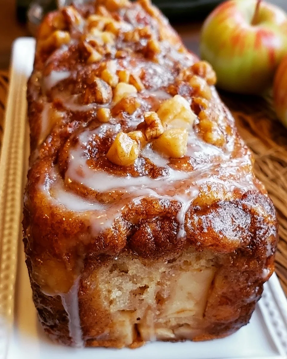 Freshly baked spiced apple fritter bread with apple chunks and cinnamon glaze.