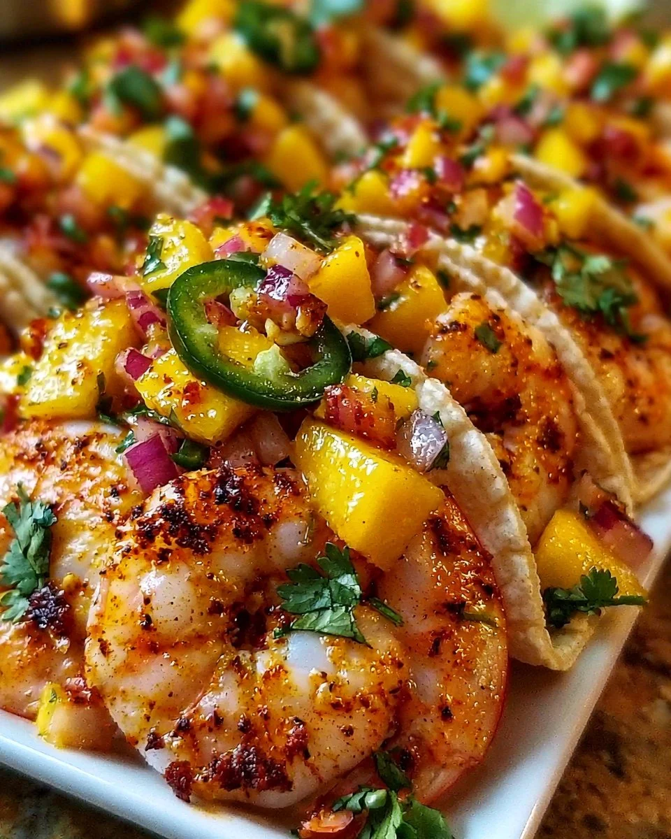 Spicy shrimp tacos topped with mango salsa served on a colorful plate
