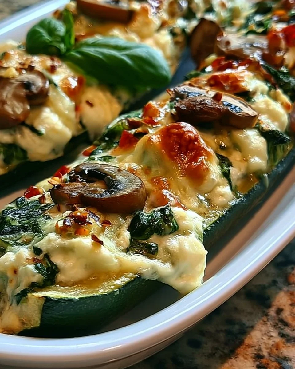 Spinach, mushroom, and ricotta stuffed zucchini on a plate