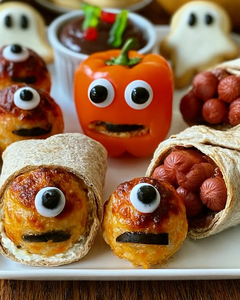 A platter of spooky Halloween finger foods including spider cupcakes and ghostly cheese balls.