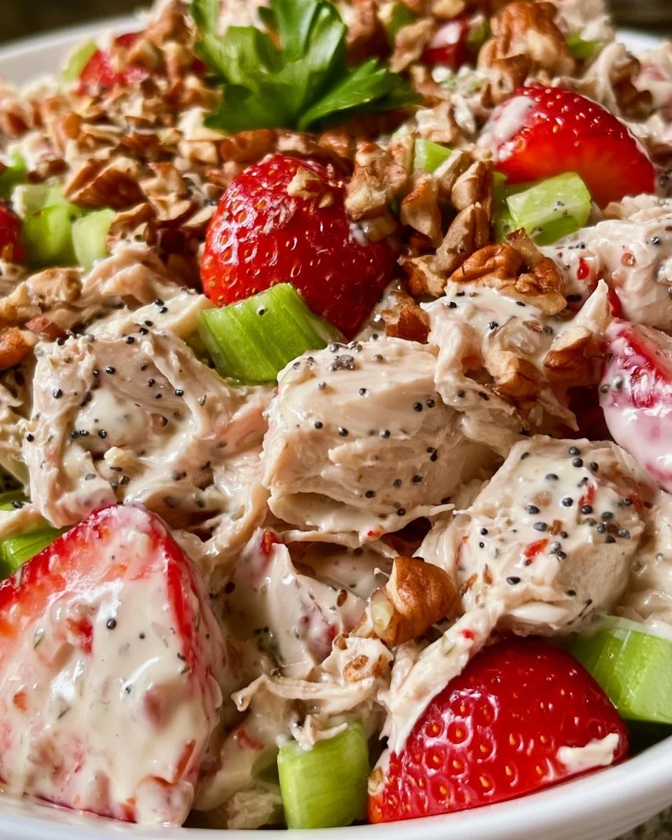 Delicious Strawberry Pecan Chicken Salad with strawberries, pecans, and chicken.