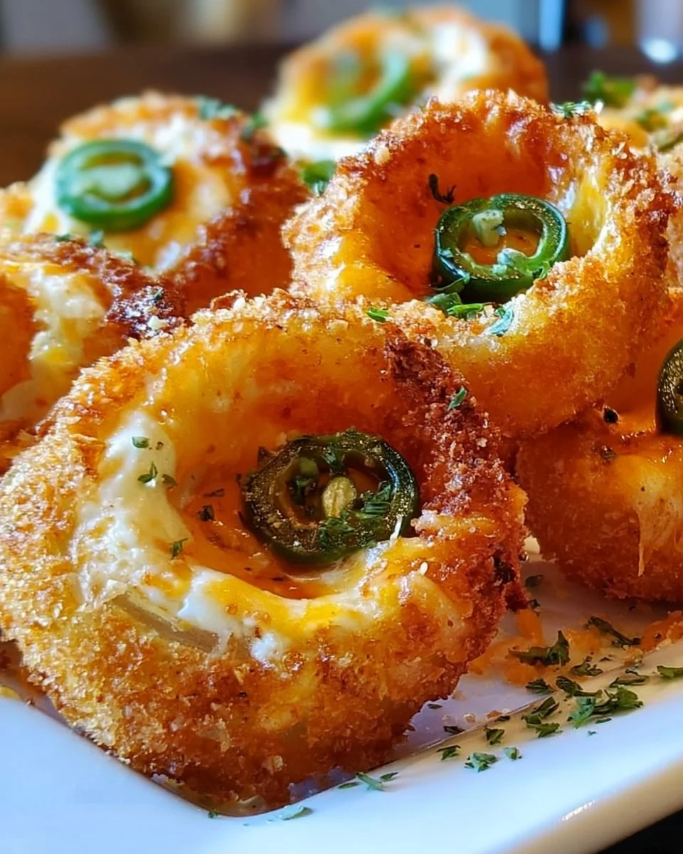 Delicious stuffed onion rings with a crispy coating and savory filling