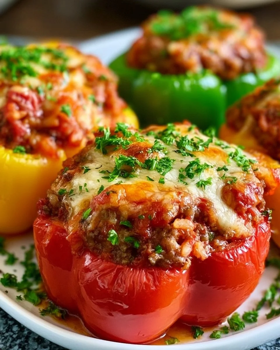 Colorful stuffed peppers filled with rice, vegetables, and spices on a plate