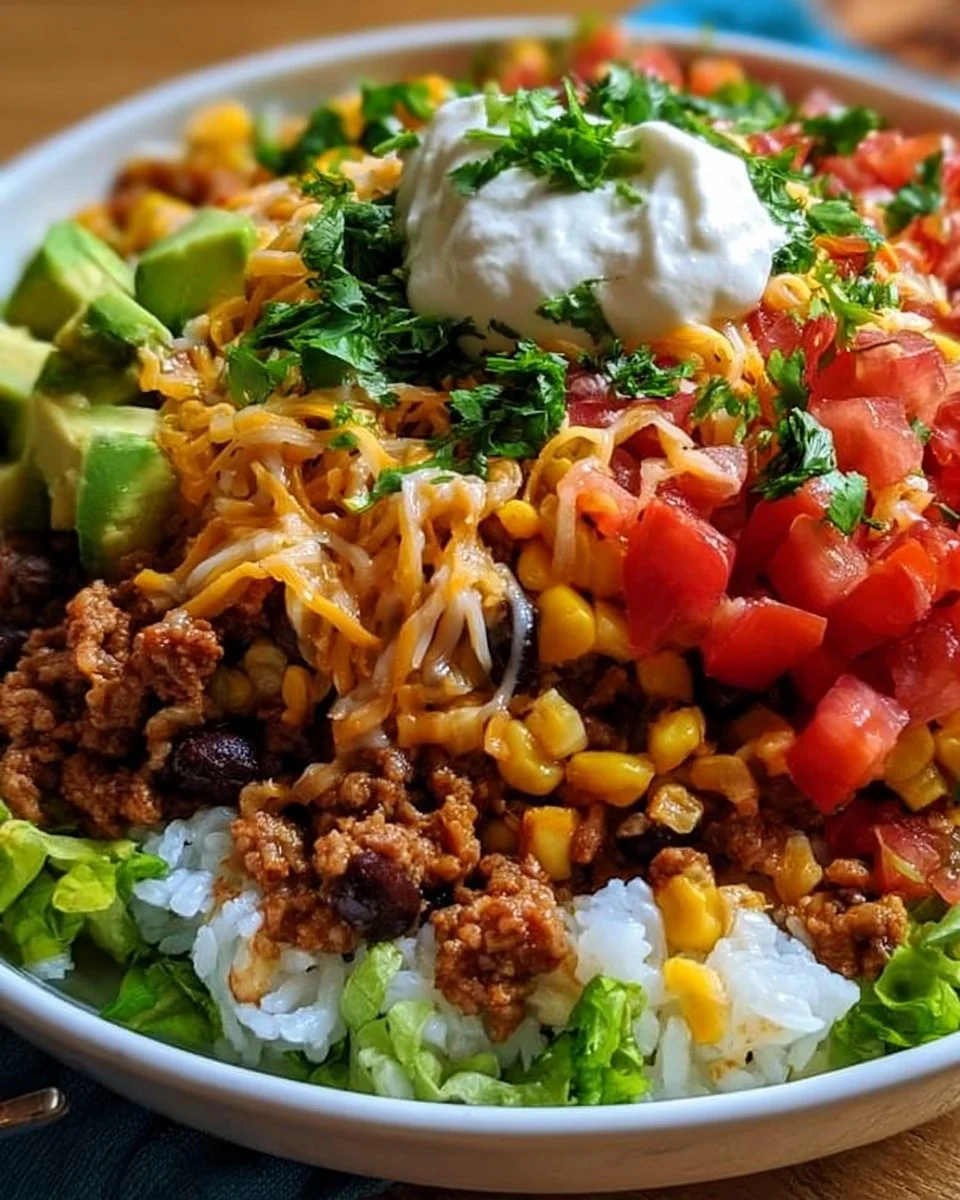 Delicious Taco Rice Bowl with vibrant toppings and flavorful ingredients.