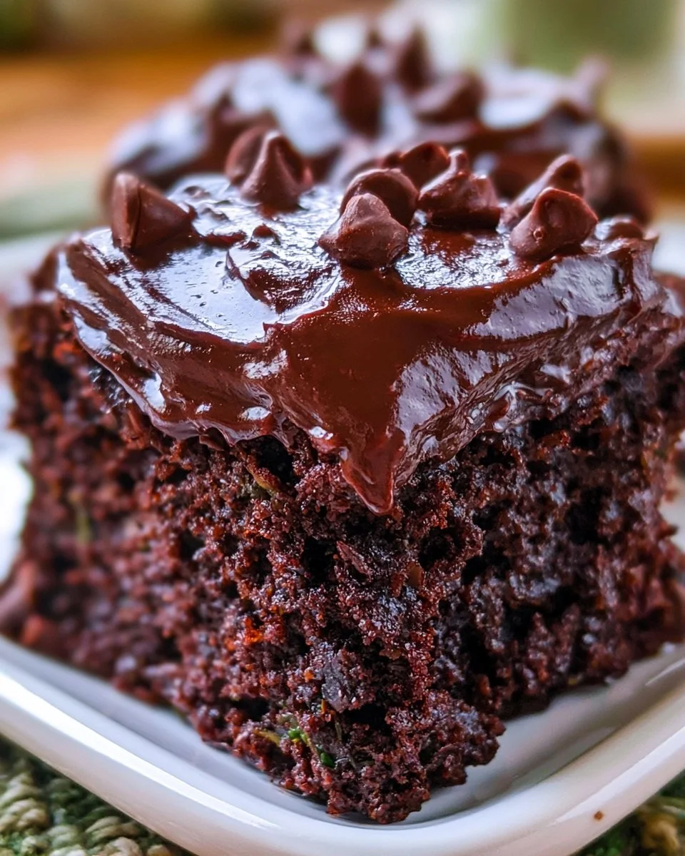 Moist and delicious chocolate zucchini cake topped with chocolate frosting.
