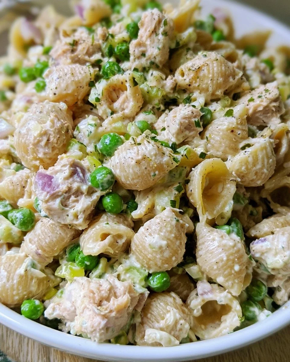 Bowl of refreshing Tuna Pasta Salad with vegetables and dressing.