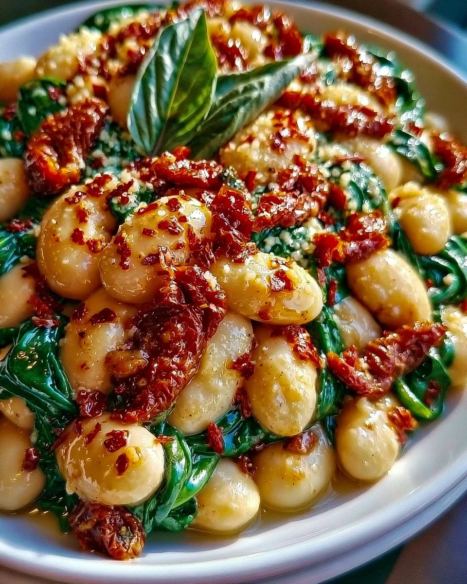 A bowl of Tuscan Butter Beans with spinach and sun-dried tomatoes