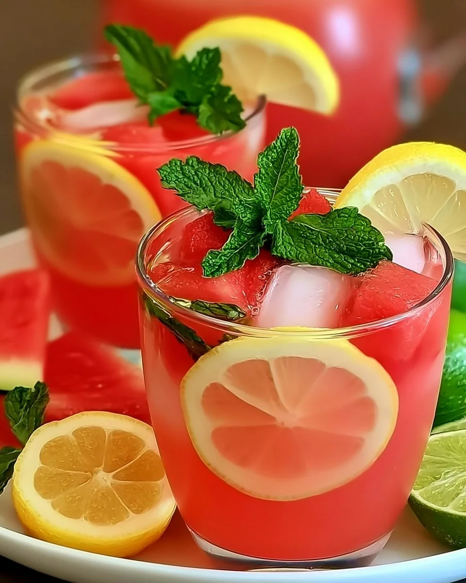 Refreshing watermelon lemonade in a glass garnished with mint leaves