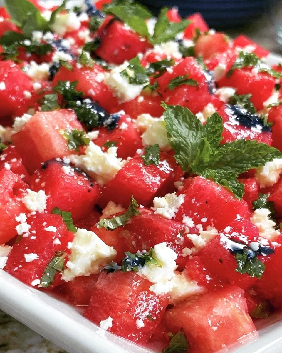 Delicious watermelon feta salad with mint and balsamic dressing