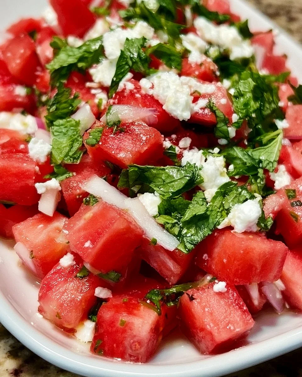 Fresh watermelon feta salad with mint leaves in a bowl