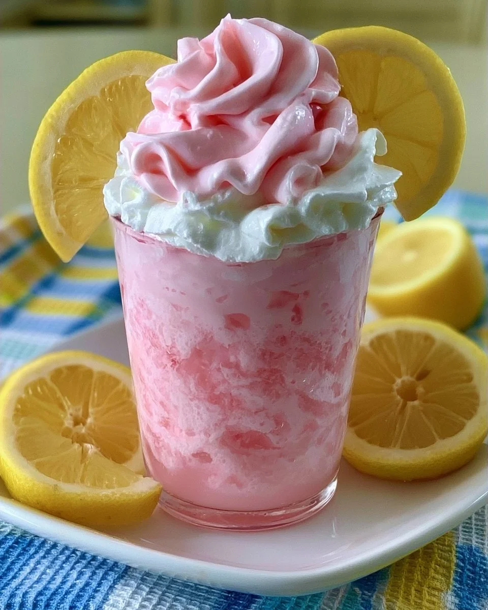 A refreshing glass of whipped pink lemonade garnished with a slice of lemon.