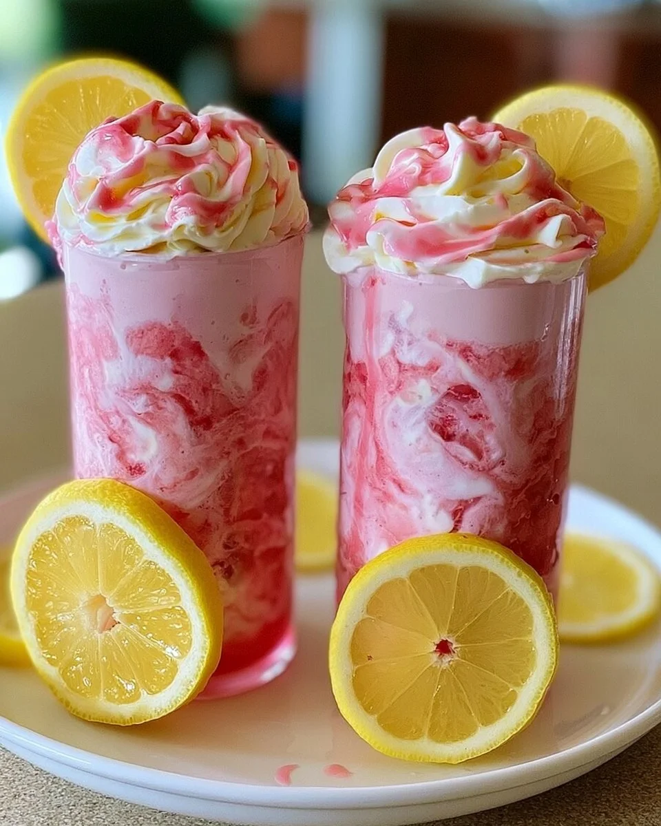 Refreshing whipped pink lemonade served in a glass with a lemon slice and mint.