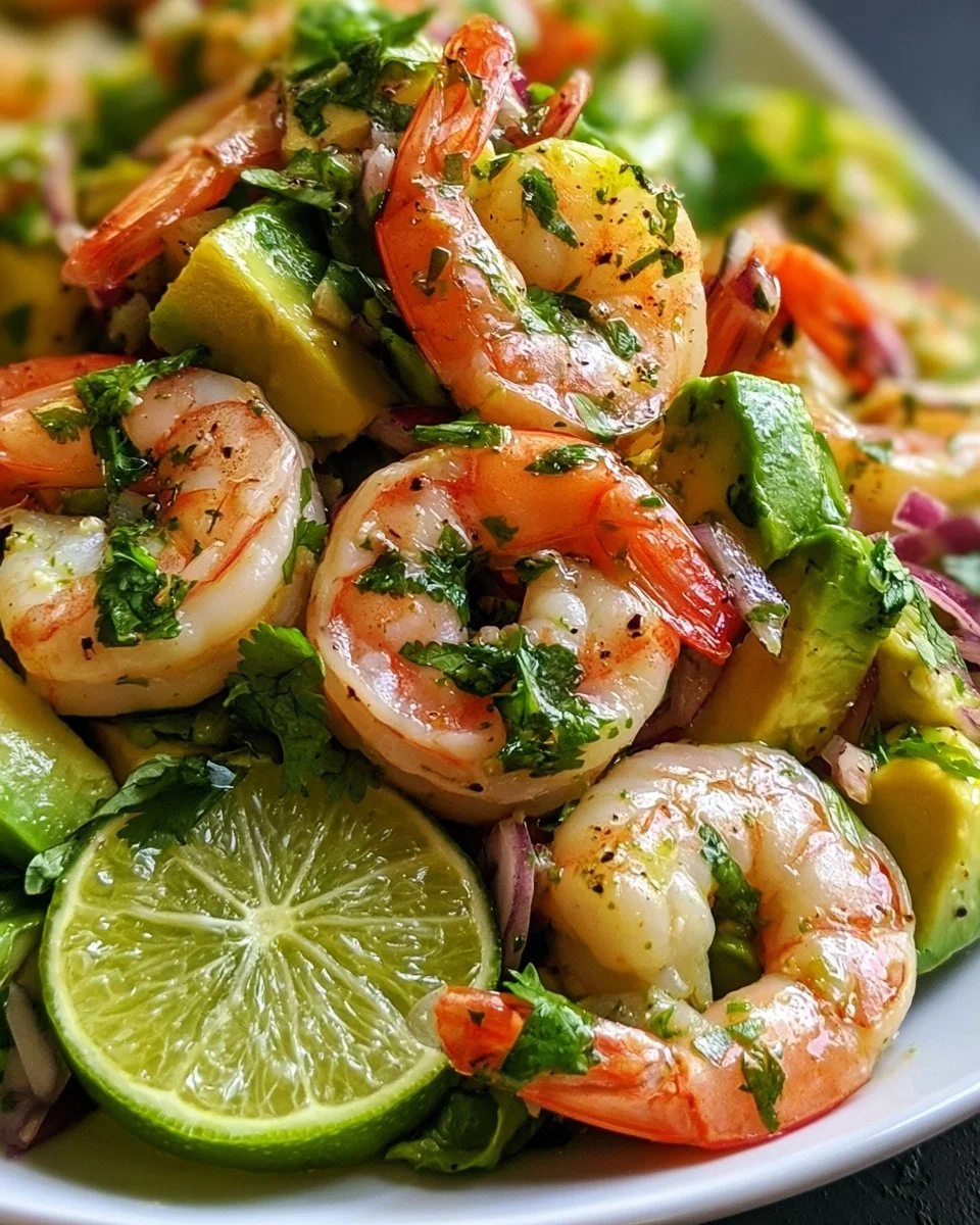 Zesty lime shrimp and avocado salad in a bowl with fresh ingredients