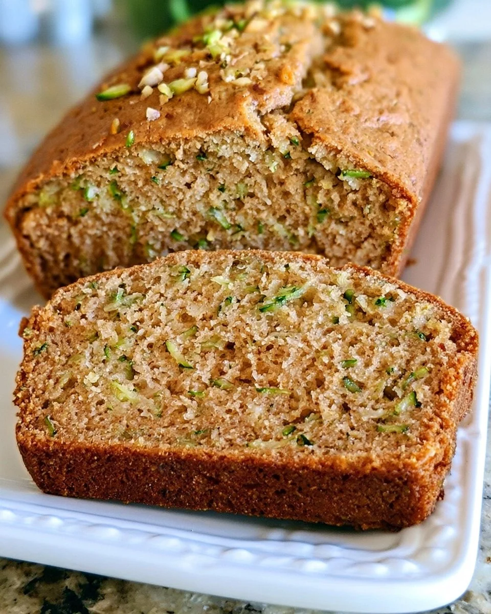 Freshly baked zucchini bread with a slice cut showcasing its texture