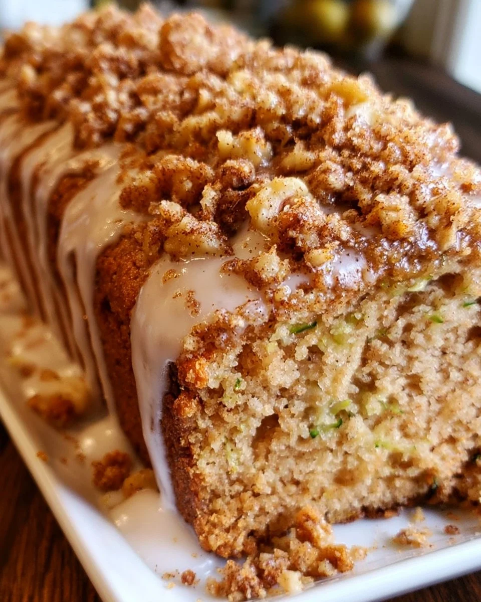 Freshly baked zucchini bread sliced and served on a wooden table.