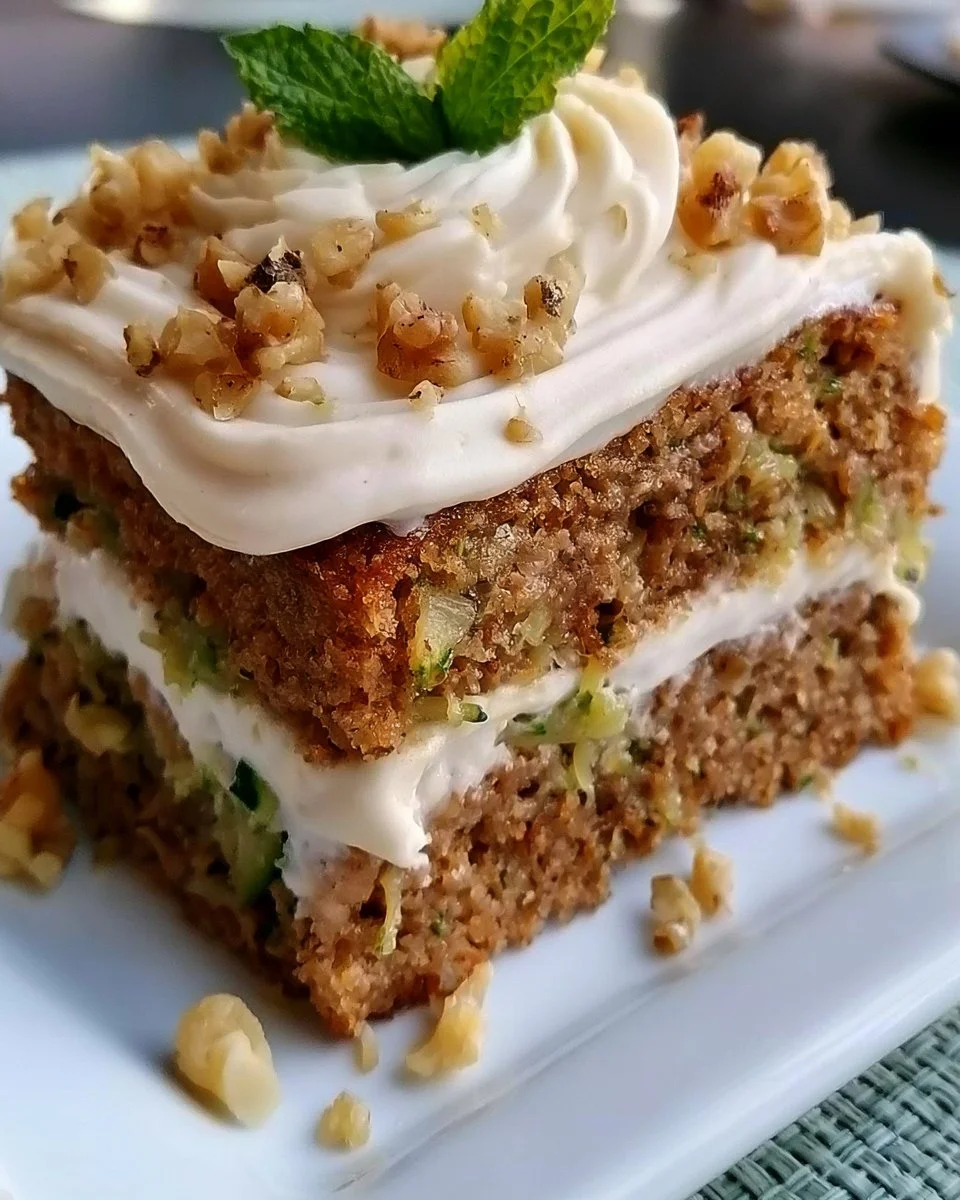 A delicious slice of homemade zucchini cake topped with icing and walnuts.