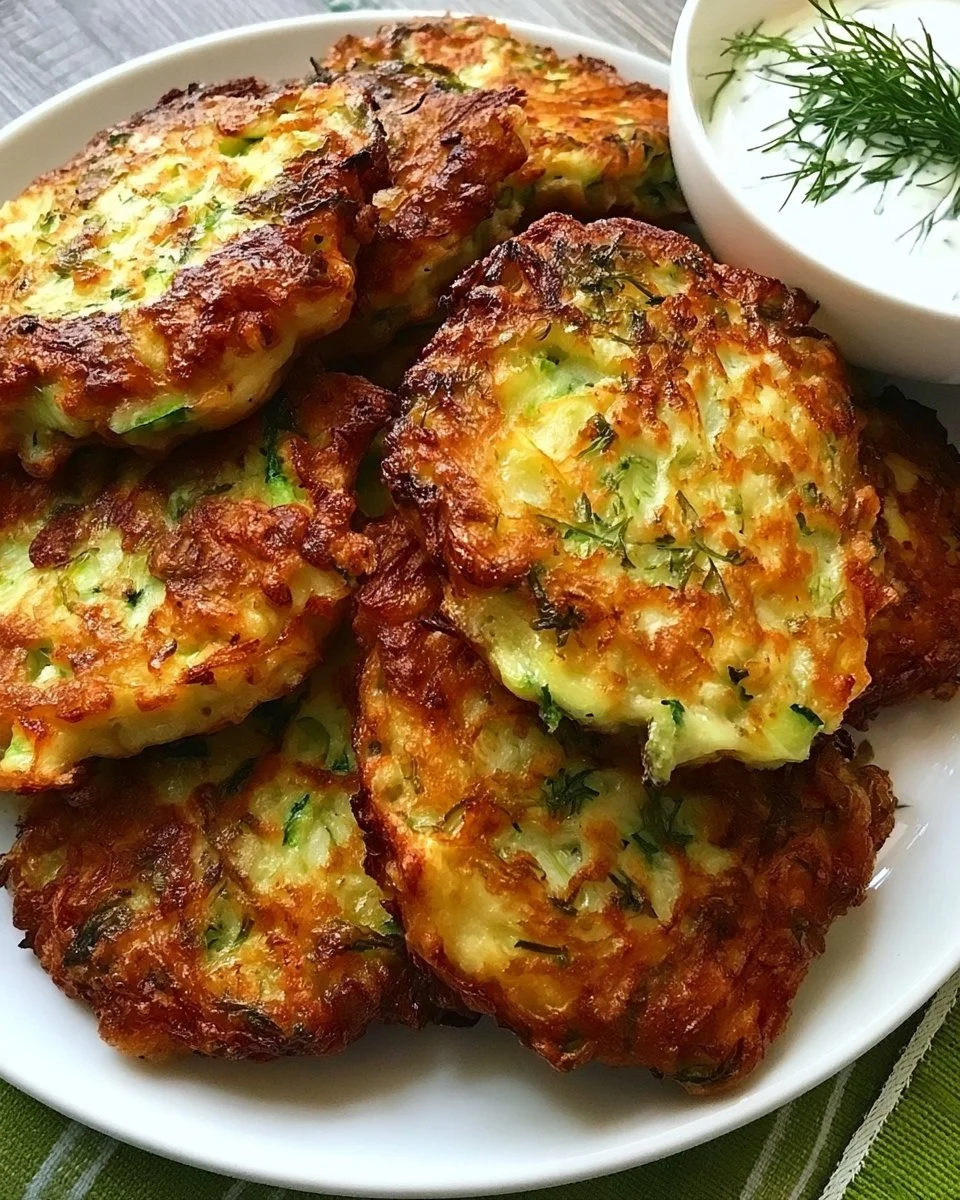 Zucchini fritters served with garlic-dill yogurt sauce on a plate.