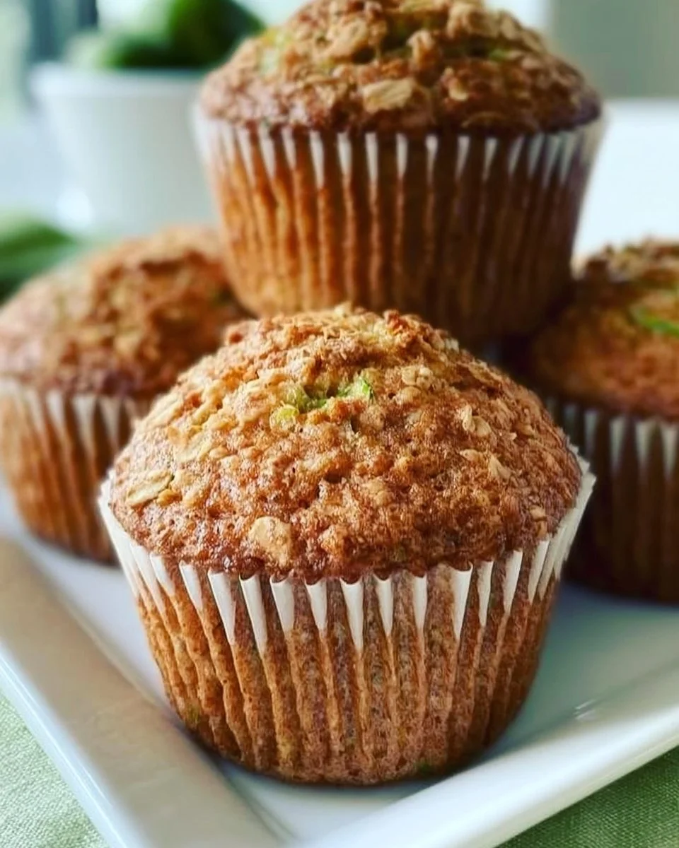 Freshly baked zucchini oatmeal muffins on a wooden table.