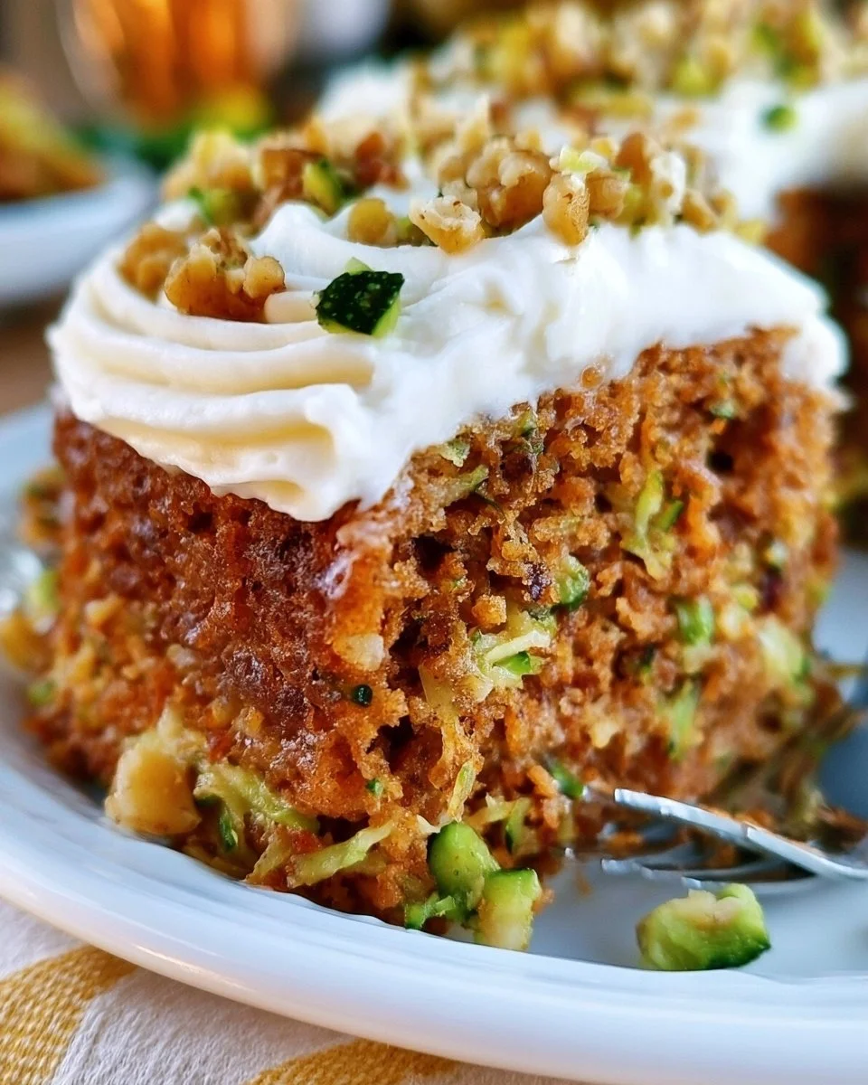 Delicious homemade zucchini spice cake topped with cream cheese frosting.